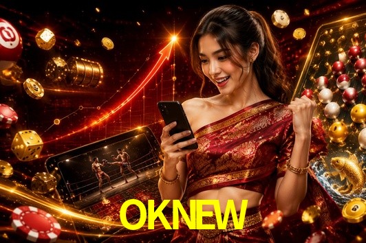 Escena dinámica inspirada en casino con iluminación OKNEW, cartas, fichas e íconos de juegos digitales en un espacio moderno de juegos.
