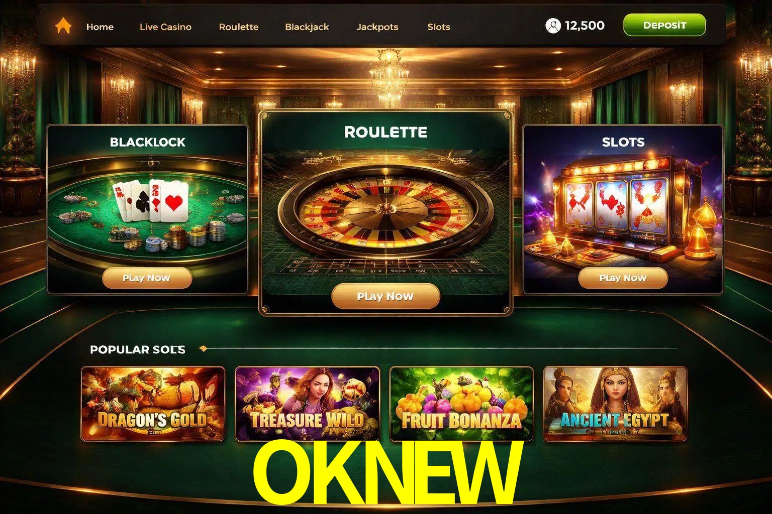 Vista de la plataforma OKNEW Casino mostrando categorías organizadas de juegos en línea