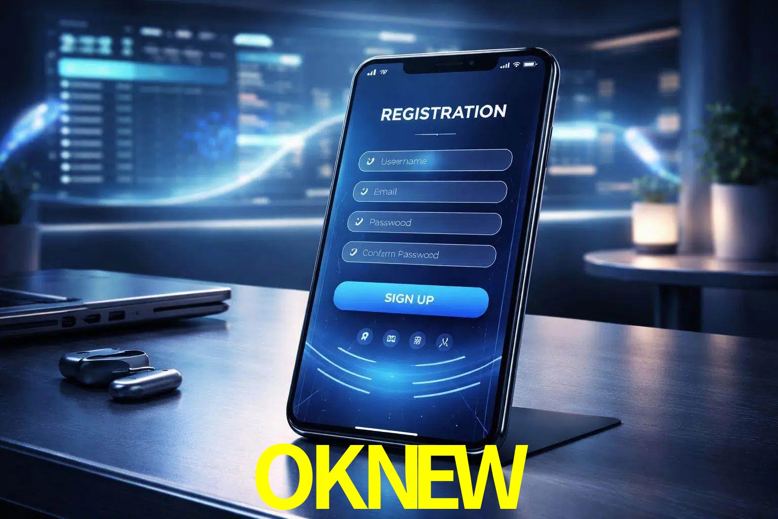 Una interfaz moderna de registro móvil para OKNEW mostrada en un smartphone con un panel de apuestas elegante.